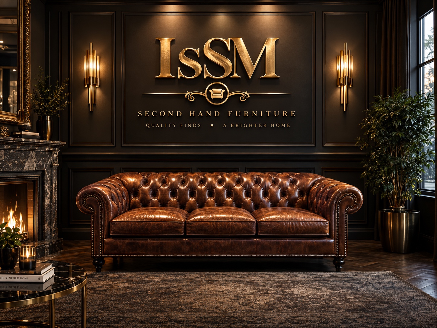 IsSM brand artwork featuring a brown leather Chesterfield sofa in a dark, gold-accented interior